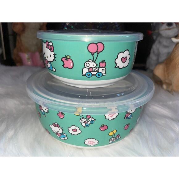 HTF Hello Kitty Set of 2 Ceramic Food Storage Bowls Vented Lid Pastel Apples SML - Picture 2 of 8